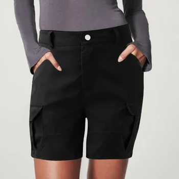 Шорты для женщин, женские летние шорты, однотонные брюки-карго с карманами, повседневные горячие брюки с высокой талией