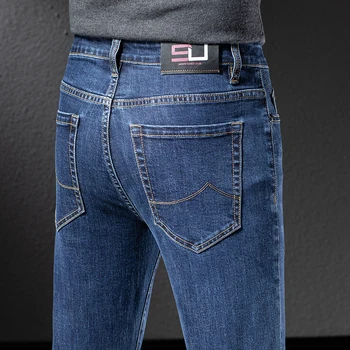 2023 Весна-осень Новые Мужские Тонкие Прямые джинсы Премиум-класса Повседневная одежда Простые хлопчатобумажные джинсы средней тяжести Стрейч Cowboy