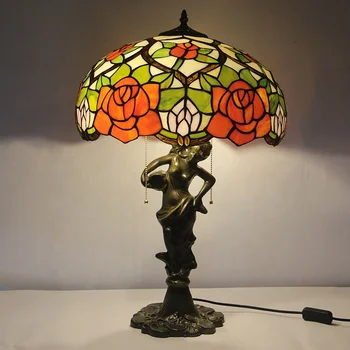 LongHuiJing 16-дюймовая модная настольная лампа на основе русалки в американском стиле Тиффани, абажур из витражного стекла ручной работы с рисунком розы