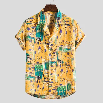 2021 Новая Гавайская рубашка Мужская с абстрактным принтом Граффити Желтого цвета Праздничные Повседневные рубашки с коротким рукавом, нагрудным карманом и воротником-лацканом