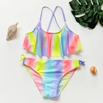 Summer Girls Swimwear Girls' Tie-Dye Printed Bikini Suit With Ruffled Frills Children'S Split Swimsuit детская одежда купальник
