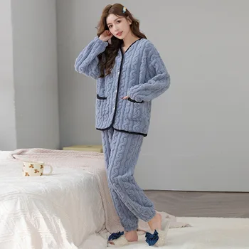 Зимний теплый фланелевый пижамный комплект Женские пижамные комплекты Пижамные брюки с длинными рукавами Милая Мягкая домашняя одежда для женщин