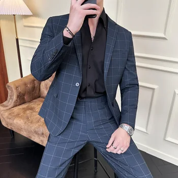 Высококачественный мужской однотонный костюм в клетку и полоску (костюм + брюки), модный красивый костюм, деловой повседневный комплект из двух предметов в британском стиле