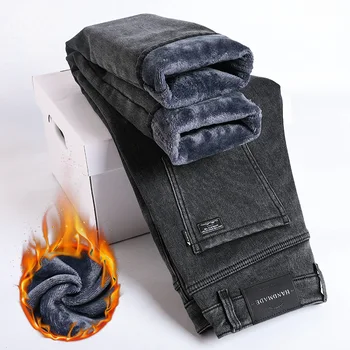 Зимние флисовые джинсы-стрейч для мужчин, модные Тонкие Удобные хлопковые прямые брюки, теплая мужская брендовая одежда, джинсовые брюки