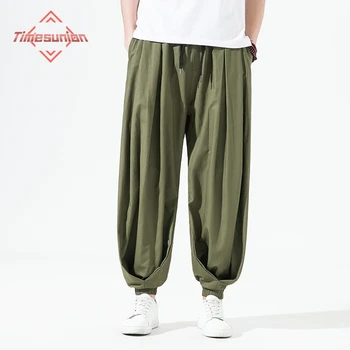 100% Хлопок Весенние повседневные брюки-карго Мужские Свободные брюки большого размера Длиной до щиколоток Японские шаровары с эластичными манжетами