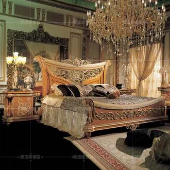 Изготовленная на заказ европейская роскошная золотая двуспальная кровать из цельного дерева с резьбой по дереву вилла спальня 1,8 м кровать принцессы
