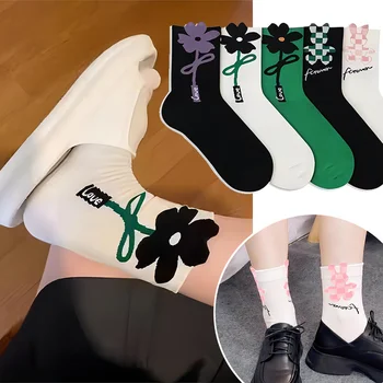 Чулки с 3D цветами, Хлопчатобумажные носки Ink Wash с кроликом, Японский дизайн, мультяшные носки средней длины для девочек, креативный универсальный носок