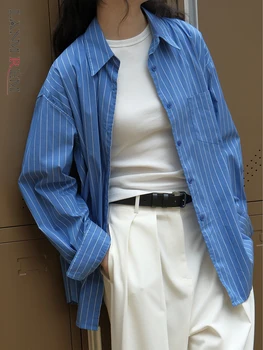LANMREM Корейская ретро-рубашка Для женщин, Полосатый лацкан, Однобортные топы с длинными рукавами, Женская одежда 2023 года, Новинка 2YA3463