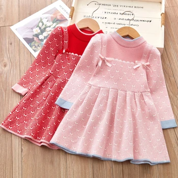 Осенне-зимнее платье для девочек, детское платье-свитер с длинными рукавами, детское вязаное платье принцессы