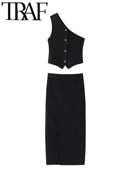 TRAF GAL, асимметричный Элегантный Черный женский жилет, юбка Макси, Комплекты из 2 предметов, Осенний укороченный топ без рукавов, женские костюмы
