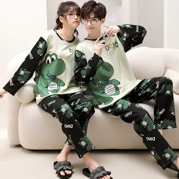 Осенние пижамы для пар, Женский Мужской пижамный комплект, Корейская Свободная пижама Унисекс, хлопковая пижама с рисунком динозавра из мультфильма Mujer с длинным рукавом