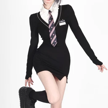 ХОУЧЖОУ, вязаное платье с длинным рукавом, женское осеннее элегантное винтажное лоскутное черное мини-платье в стиле пэчворк из двух частей, школьная форма