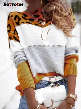 Eotvotee Леопардовые Свитера для Женщин 2023 Осень Зима Модные Пуловеры С Круглым вырезом И Длинным Рукавом Контрастного Цвета, Вязаные Джемперы
