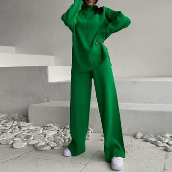 Осенний Элегантный зеленый брючный домашний костюм 2023, женский свитер, пижамный комплект, вязаный костюм, повседневное пальто, брюки, комплект из двух предметов, брючная одежда