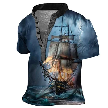 Мужская рубашка Генри с рисунком корабля, 3D-печать, Повседневный Модный повседневный топ с коротким рукавом и пуговицами, Модный удобный топ с принтом