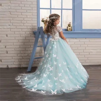 Кружевные платья с цветочным узором для девочек, свадебные платья принцессы-бабочки, детские платья с круглым вырезом на спине для первого причастия, бальные платья для вечеринок, пышные выпускные