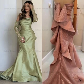 Платья для выпускного вечера Meramid из атласа в саудовском стиле для женщин, элегантное, стильное полуофициальное платье без бретелек со шлейфом и рукавами vestidos