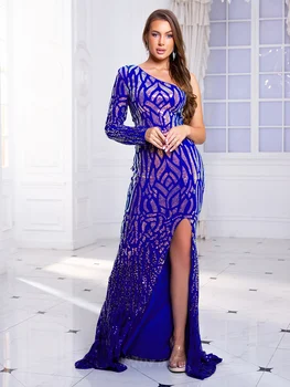 Элегантное синее вечернее платье с рукавом на одно плечо, облегающее платье-русалка с разрезом, с блестками, Женское праздничное платье, осень 2023