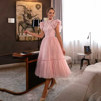 Розовые платья для выпускного вечера Katerina, Чайная длина, Трапециевидная форма, высокий вырез, Саудовская Аравия, Вечерние платья для выпускных вечеринок, Вечернее платье robes de soirée