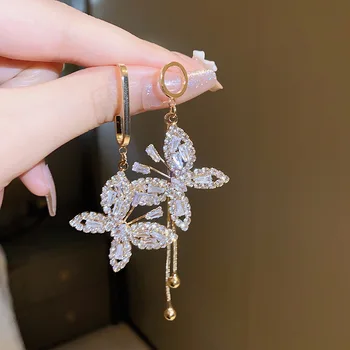 Серьги-капли в Корейском стиле с прозрачным кристаллом Butterfly AB для женщин, модные украшения, роскошные Женские букле из страз d'oreille