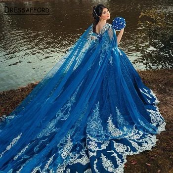 Королевские синие пышные платья с цветочным рисунком, платье принцессы 16, расшитое бисером, праздничное платье на День рождения 15 Ноября