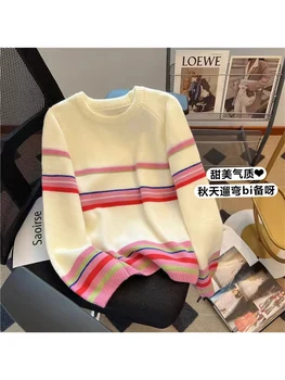 Женский полосатый пуловер, вязаный свитер, Женская мода 90-х, вязаный свитер с длинным рукавом, Корейский джемпер, винтажная одежда 90-х, Y2k 2023 г.