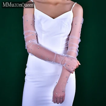 MZC02 Перчатки со сверкающими стразами, свадебные длинные белоснежные перчатки без пальцев, Мягкие белые перчатки для платья, Модные длинные открытые оперные перчатки