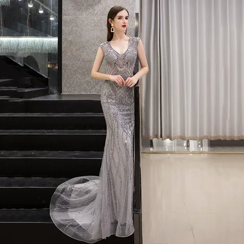 Новые модные серые роскошные вечерние платья для женщин 2023, сексуальное вечернее платье Русалки без рукавов с V-образным вырезом и тяжелыми кристаллами, расшитое бисером для вечеринки
