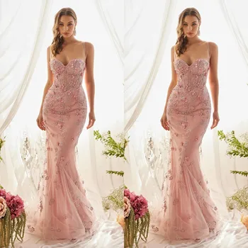 Розовые платья Русалки для выпускного вечера, женские бретельки, кружевной корсет с 3D цветами, вечернее платье Макси с 3D цветами, vestido de novia