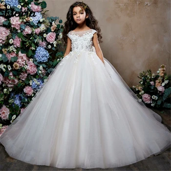 Платья для девочек-цветочниц на свадьбу, праздничные детские бальные платья для первого причастия, платья принцессы длиной до пола с перьями