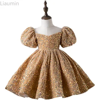 Новое детское платье с цветочным узором для девочек, пышный рукав, юбка принцессы, блестки, иностранный стиль, Детский день рождения, ручная работа на заказ