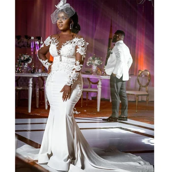 Большие размеры, Атласные свадебные платья Mermaid 2023, свадебные платья с длинным рукавом, расшитые бисером, украшенные кружевной аппликацией из хрусталя, Придворный шлейф