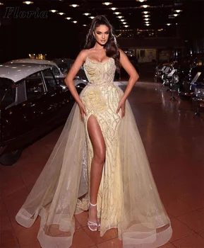 Вечерние платья на бретельках с блестками, элегантное платье для выпускного вечера с высоким разрезом сбоку, расшитое бисером Платье для коктейльной вечеринки в арабском Дубае 2023
