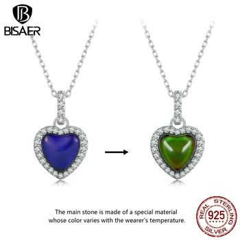 BISAER, ожерелье с эмоциональным сердцем из стерлингового серебра 925 пробы, Подвеска, Цепочка с регулируемым изменением цвета, Покрытая платиной для женщин