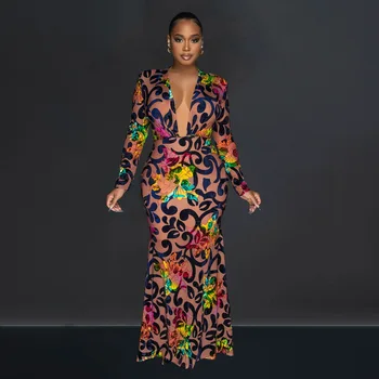 Платье известного бренда Felyn 2023 лучшего качества, леопардовое сексуальное клубное платье макси с V-образным вырезом и длинным рукавом, Vestido