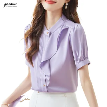 Фиолетовая рубашка с коротким рукавом, женская летняя тонкая, высококлассный дизайн, Профессиональный темперамент, Шифоновые блузки, Офисная женская рабочая одежда
