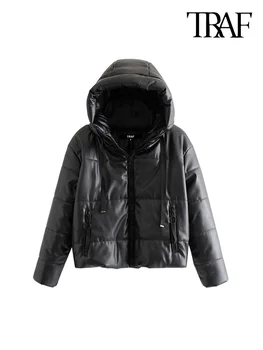 Женская винтажная теплая зимняя куртка из искусственной кожи с подкладкой, модный длинный рукав, карманы на молнии, верхняя одежда из искусственной кожи с завязками, Шикарные топы