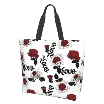 Цветы в стиле бохо, акварельные розы, винтажная красная холщовая сумка с цветочным рисунком, большая повседневная сумка для покупок через плечо
