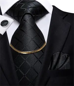 Деловой черный Роскошный мужской галстук в клетку, шелковые галстуки, Модный набор запонок с цепочкой для галстука, дизайнерский подарок для мужчин на свадьбу