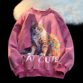 Старые пуловеры, свитера, женские свободные свитера с изображением кошек и животных, осенне-зимние теплые толстовки с круглым вырезом, топы унисекс
