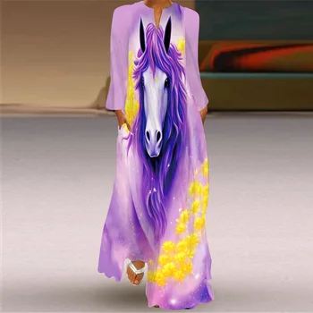 Платье большого размера с принтом лошади, 2023, осенние новые женские платья свободного кроя с V-образным вырезом и длинным рукавом с карманом и принтом в богемном стиле