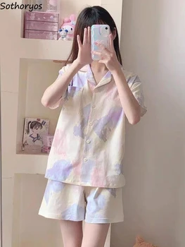Пижамные комплекты Женские Kawaii Girlish Tie Dye Пижамы В Корейском стиле Для отдыха Уютная Простая Модная Летняя Одежда для отдыха с коротким рукавом