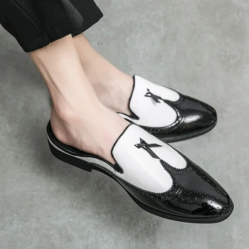 Летние мужские полуботинки Черные лоферы Тапочки Повседневная обувь для вождения из лакированной кожи Лоферы Легкие сандалии на плоской подошве большого размера 46