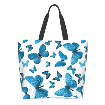 Сумка для покупок с синими бабочками, многоразовая сине-белая сумка-тоут, красивая художественная сумка через плечо, повседневная, легкая, большой емкости