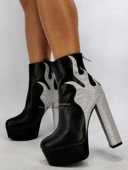 Реальное изображение Flames Crystal Lies, Короткие сапоги на толстой платформе, Женские туфли на высоком каблуке, сексуальные туфли-гладиаторы, сексуальная обувь для вечеринок