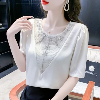 2023 Женская Блузка с короткими рукавами В винтажном стиле, Летние Топы Damond, Лоскутная Атласная Белая рубашка