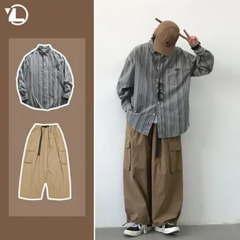 Мужской японский повседневный комплект в стиле ретро в стиле колледжа, свободная рубашка в полоску + широкие брюки с большим карманом на шнурке, Новый костюм Унисекс