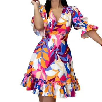 Летние наряды Для женщин 2023 Мода с принтом Элегантное платье с V образным вырезом и рюшами Женская одежда Бесплатная доставка Vestidos Para Mujer