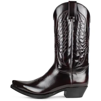 Ковбойские сапоги, Черно-коричневая зимняя обувь из искусственной кожи, Ретро-ботинки смешанного пола, Вышитая Западная обувь унисекс Большого размера 35-48