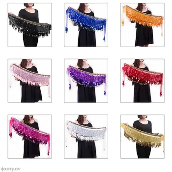 Женский сексуальный шифоновый шарф для танца живота, пояс с блестками, поясная юбка, обертывание для бедер, 58 монет, пояс для хипскира